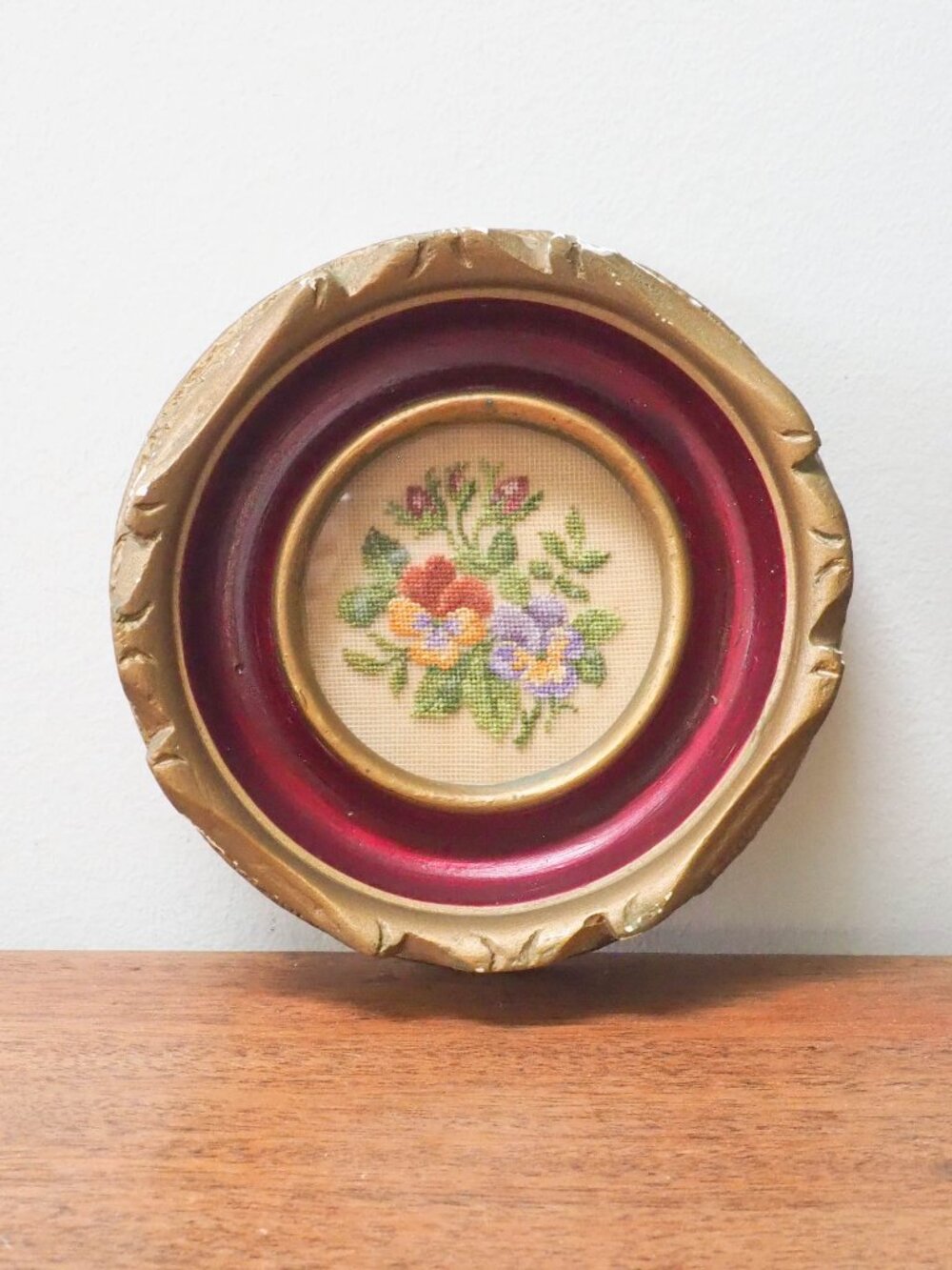 Vtg Framed Floral Petit Point - Vintage Framed Pansies Needlework Wall Art